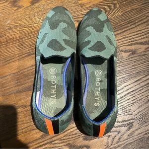 Rothy's Green Camouflage Slip-On Flats with Orange & Black Heel Stripe